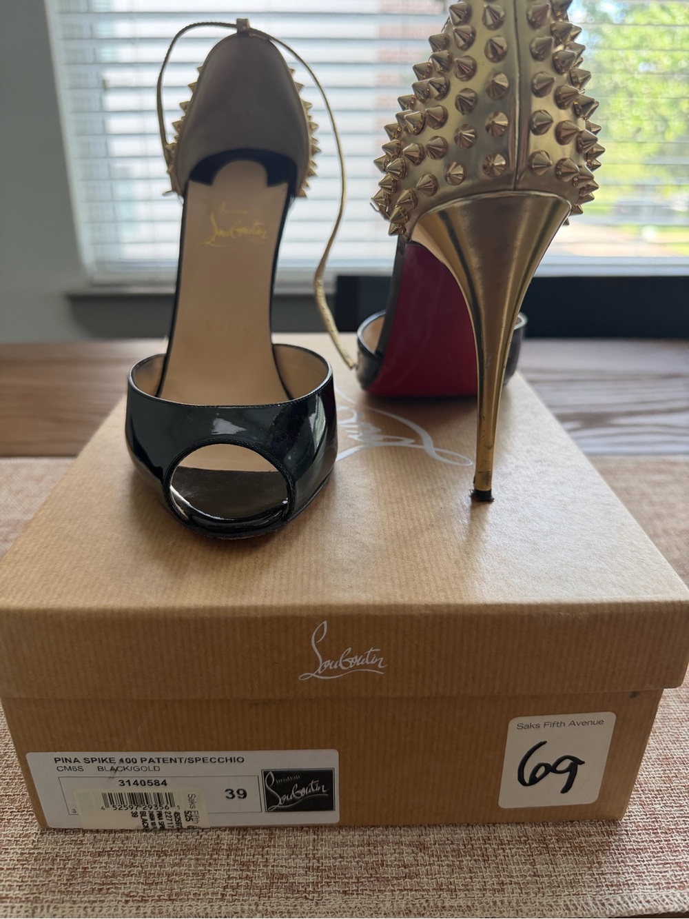 Christian Louboutin Black Patent and Gold Spike Peep-Toe Heels